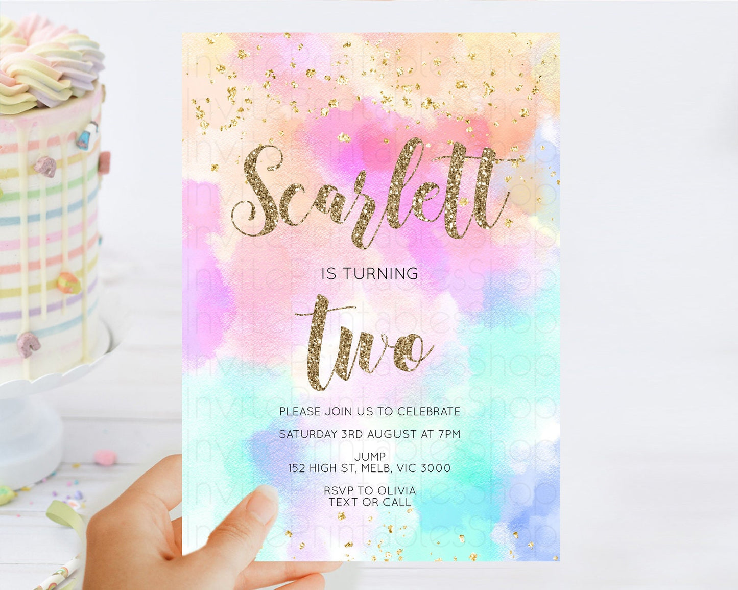 Rainbow Birthday Invitation Colorful Pastel Watercolor Invitation Gold Glitter Sprinkles Ombre Pastel 1st 2nd 3rd Birthday D10669