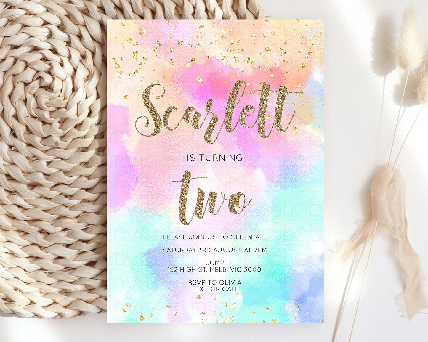 Rainbow Birthday Invitation Pastel Birthday Invite Ombre Watercolor Invite Enchanted Theme Colorful Splash Glitter Sprinkles 1st 2nd 3rd