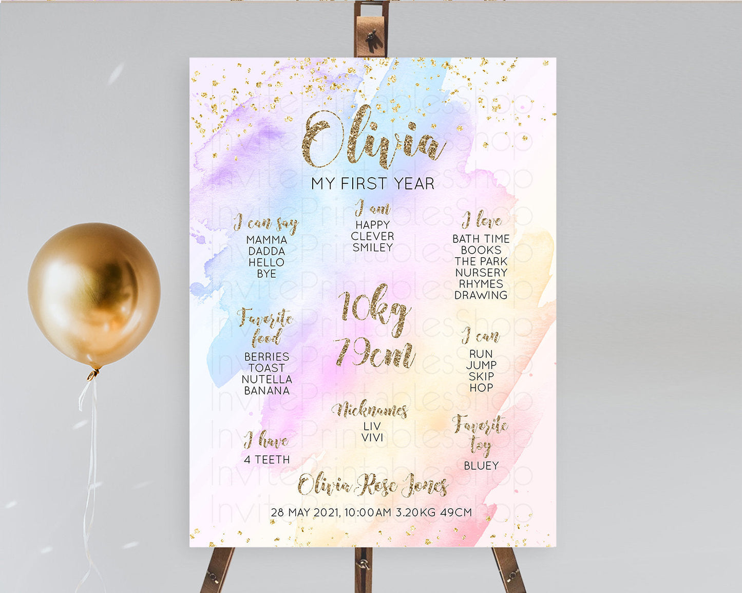 Pastel First Birthday Milestone Board Pastel Rainbow Milestone Poster Colorful Confetti Watercolor Glitter 1st Birthday Welcome Sign D10633