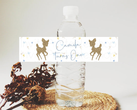 Fawn Deer Water Label Template Pastel Floral Deer Enchanted Forest Butterfly Party Decor Birthday Baptism Baby Shower Bridal Shower D10360