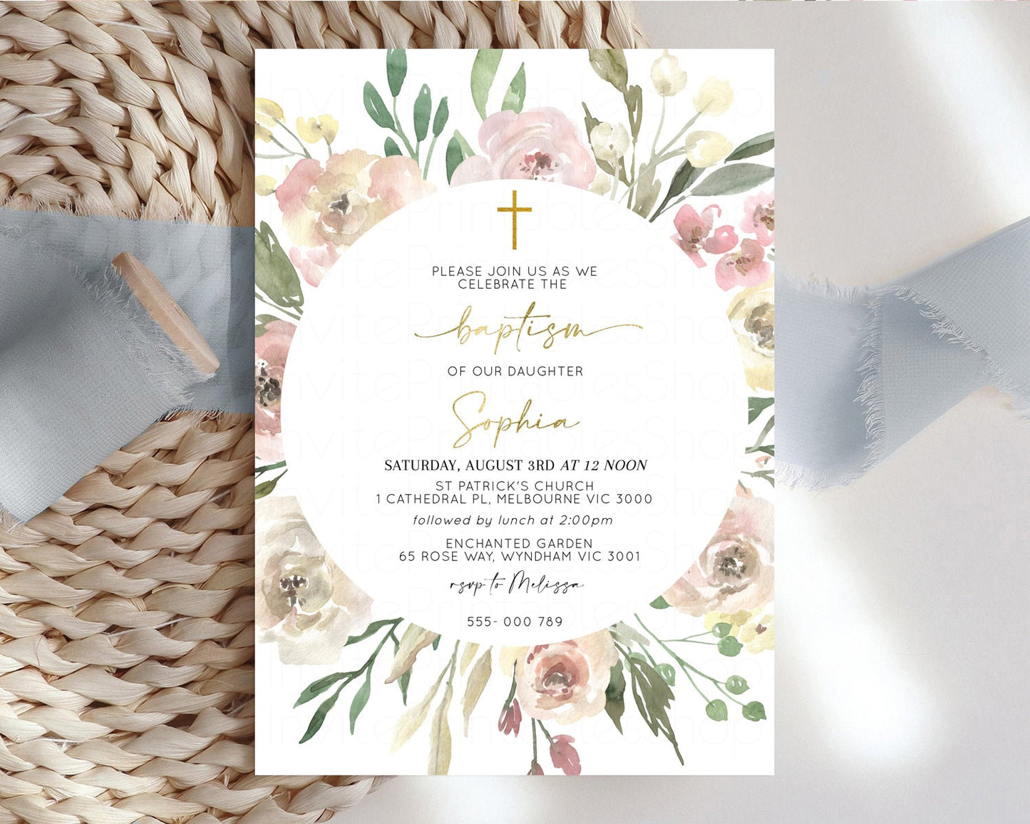 Secret Garden Baptism Invitation Floral Garden Christening Invite Enchanted Forest Invite Whimsical Floral Invite Botanical Pastel Pink w185