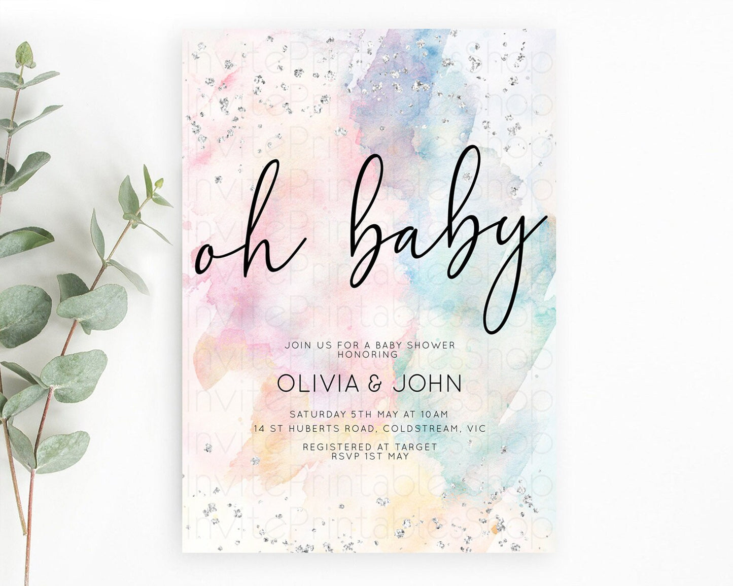 Pastel Baby Shower Invitation Pastel Rainbow Baby Invitation Pastel Watercolor Invitation Colorful Ombre Silver Sprinkles D10945