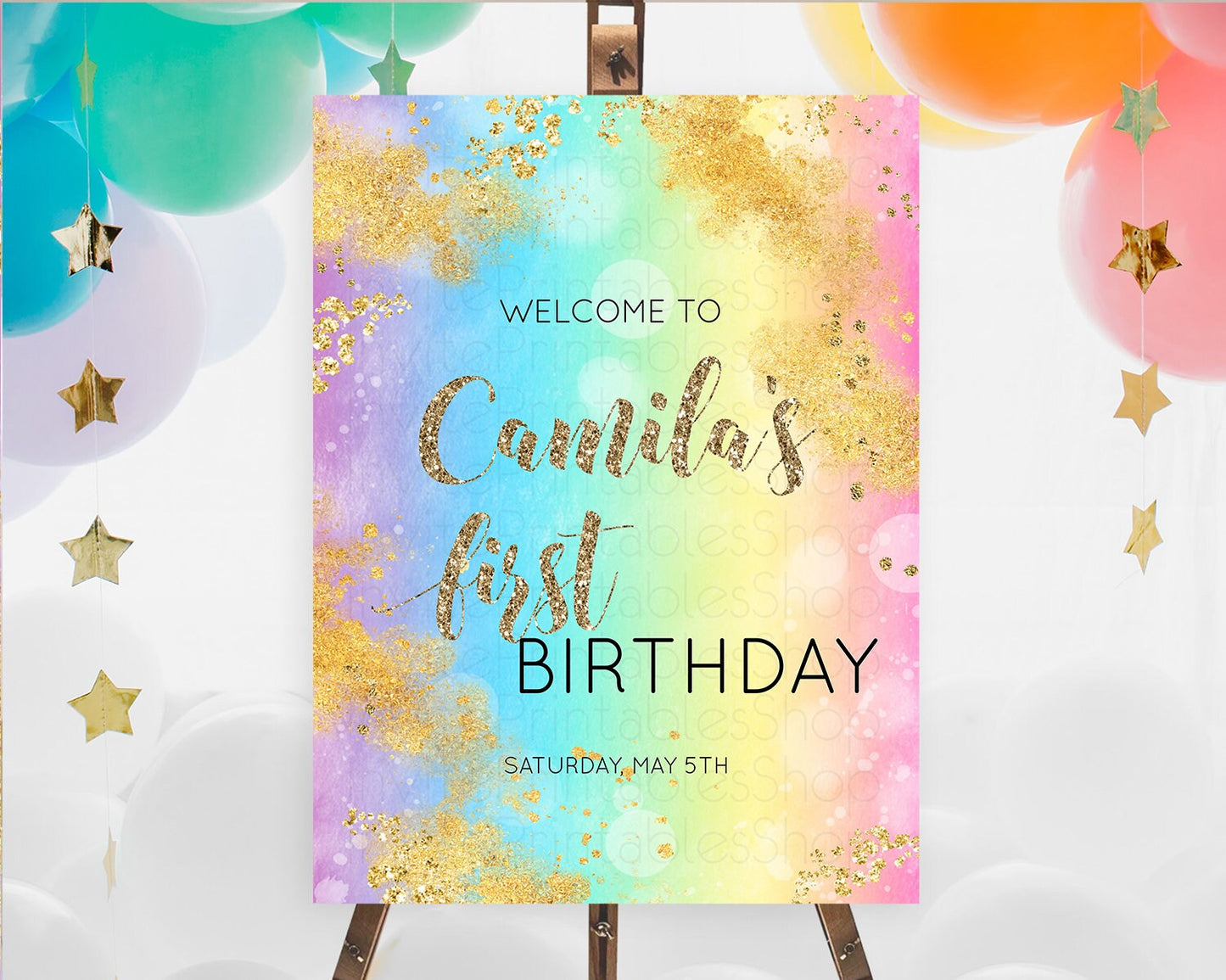 Pastel Welcome Sign Pastel Rainbow Welcome Sign Colorful Rainbow Confetti Watercolor Glitter Pastel First Birthday Welcome Sign D10561