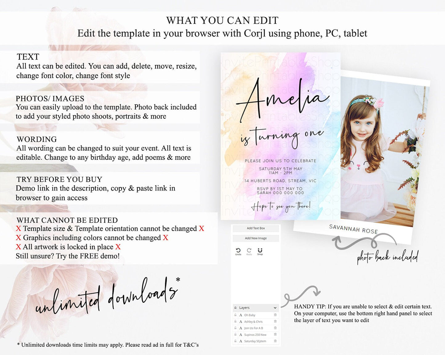 Rainbow Birthday Invitation Colorful Pastel Watercolor Invitation Gold Glitter Sprinkles Ombre Pastel 1st 2nd 3rd Birthday D10177