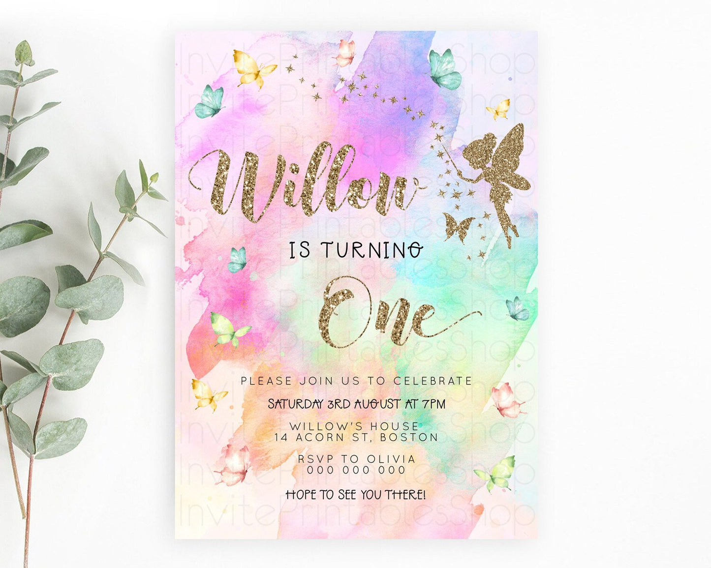 Pastel Fairy Birthday Invitation Pastel Butterflies Fairy Birthday Invitation Rainbow Ombre Watercolor 1st 2nd Birthday Invitation D23337