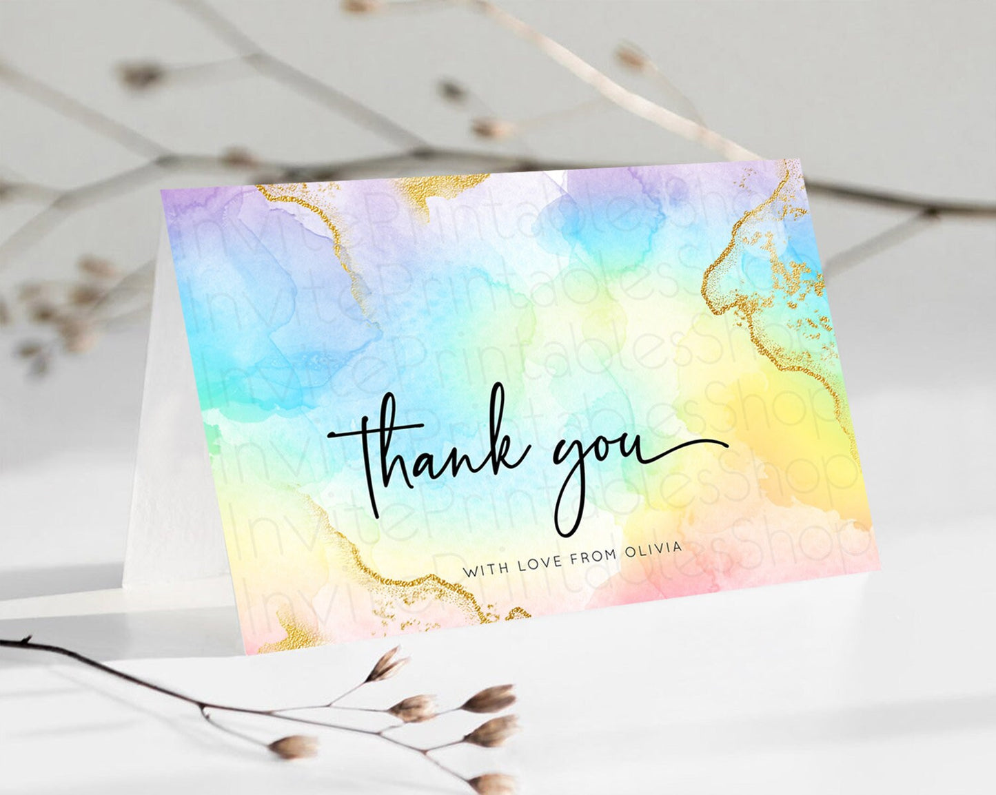 Pastel Thank You Rainbow Thank You Card Colorful Pastel Birthday Thank You Card Confetti Watercolor Pastel Teacher Thank You Cards D10588