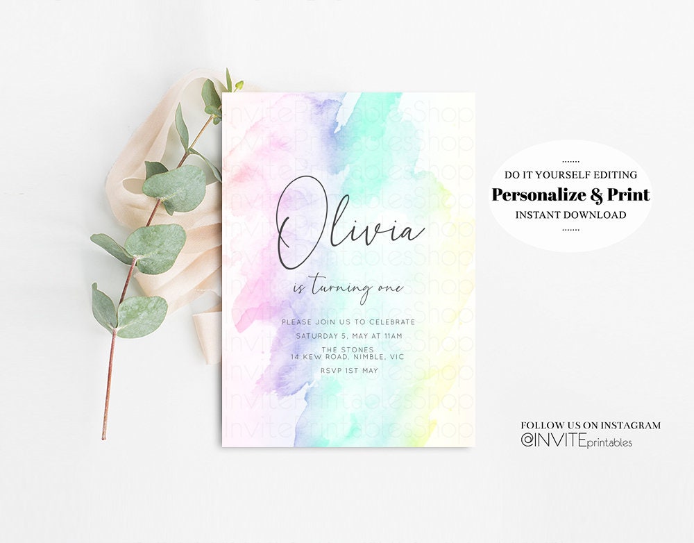 Watercolor Birthday Invitation Colorful Pastel Rainbow Splash Ombre Ink Paint Purple Blue Yellow Modern Simple Custom Printable C210