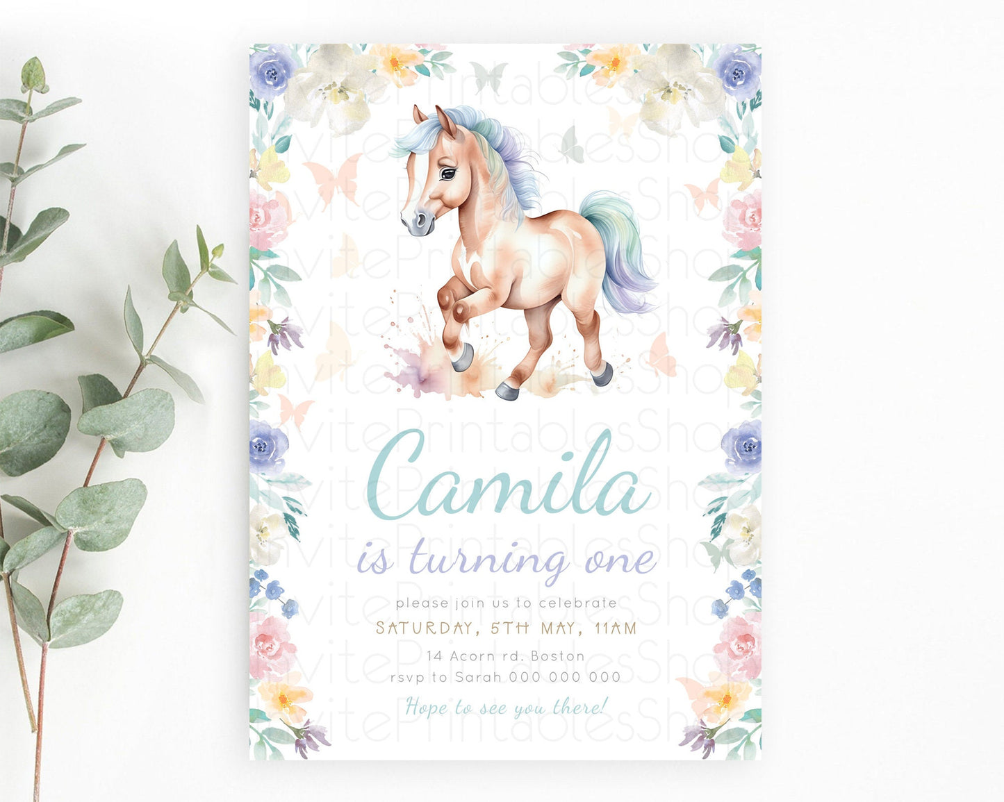 Horse Birthday Invitation, Galloping Wildflower Fields, Pastel Flowers, Butterflies, Flowers Accents for Equestrian & Cowgirls d23384