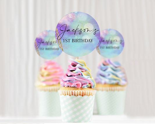 Editable Rainbow Cupcake Toppers Pastel Cupcake Toppers Colorful Pastel Wate