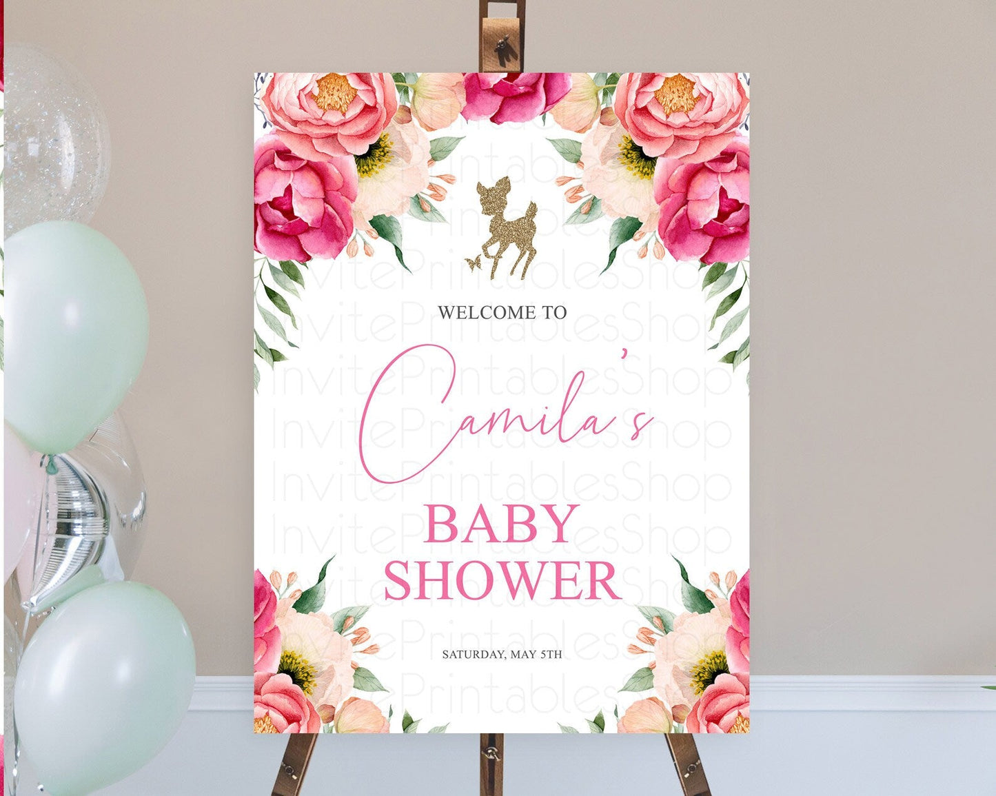 Fawn Baby Shower Welcome Sign Deer Welcome Board Floral Deer Welcome Poster Enchanted Forest Butterfly Pastel Floral Welcome Sign D10326