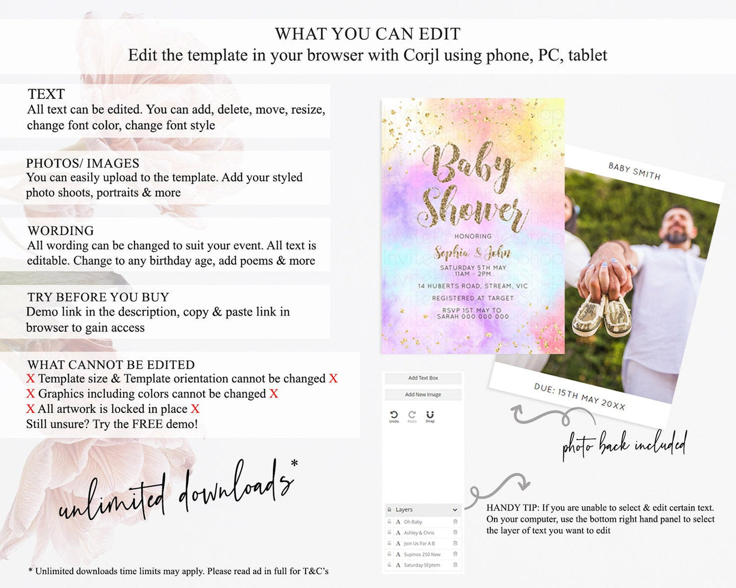 Pastel Rainbow Baby Shower Invitation, Watercolor Splash, Confetti Sprinkles, Colorful Ombre - Blue, Yellow, Purple, Orange, Glitter D10435