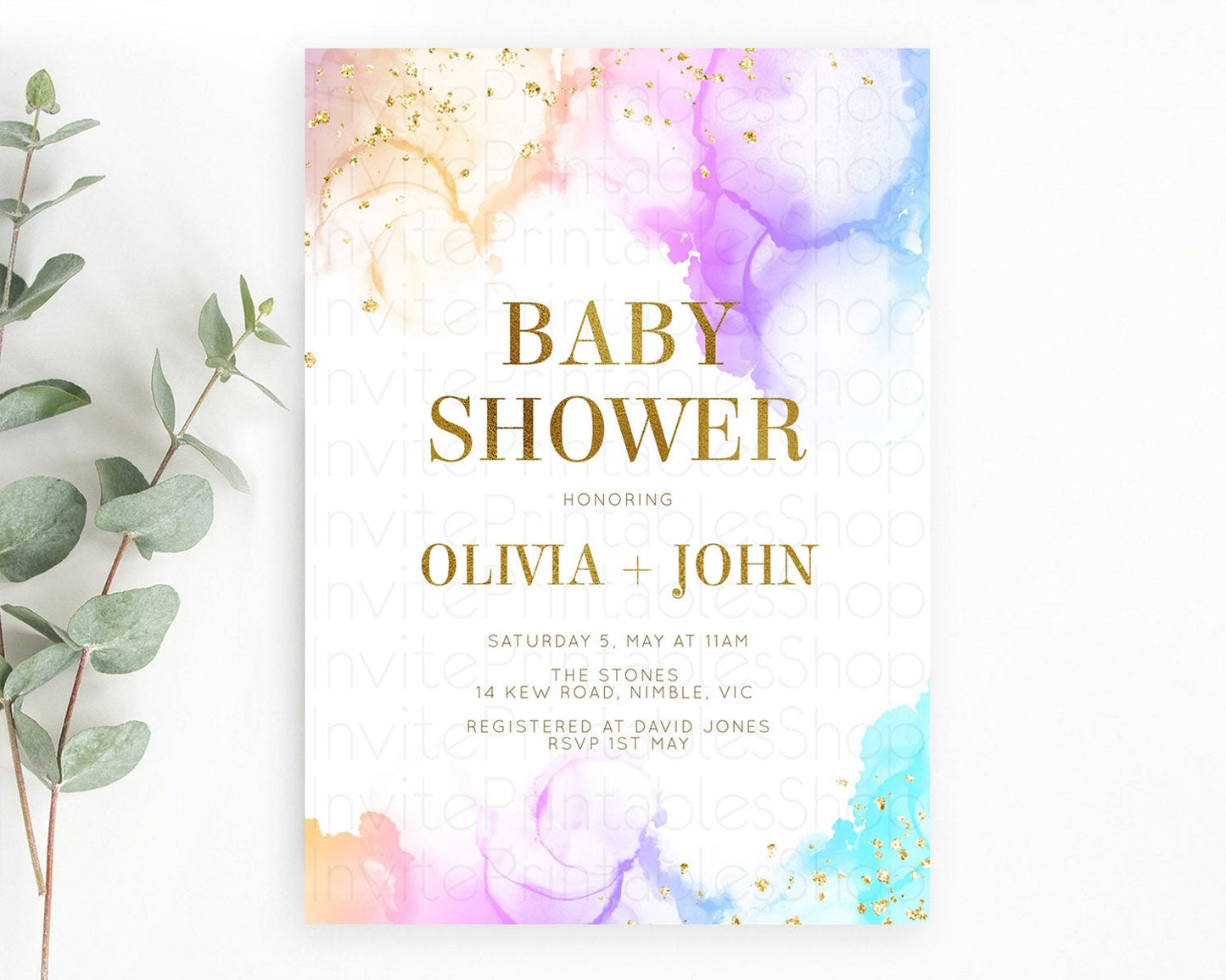 Pastel Baby Shower Invitation Rainbow Baby Shower Invitation Colorful Pastel Watercolor Invitation Gold Glitter Sprinkles Ombre D10180