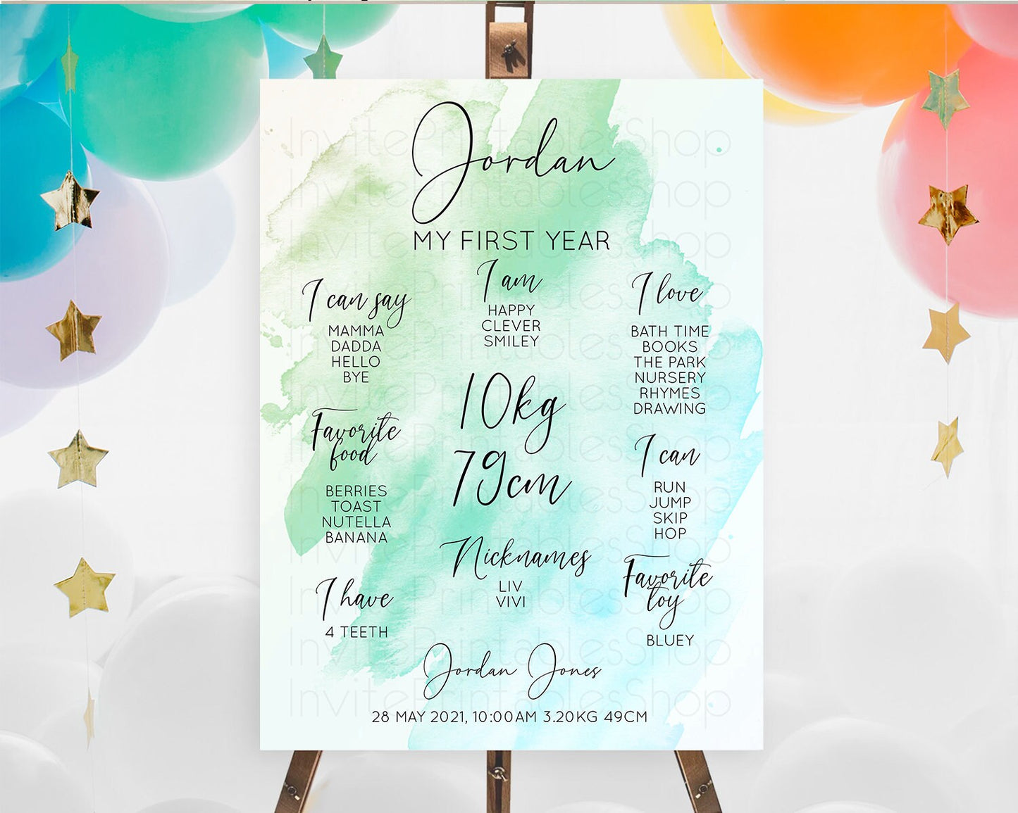 Green First Birthday Milestone Poster Green Watercolor Milestone Board Pastel Green Watercolor Splash Milestone Board 1st Birthday D10166