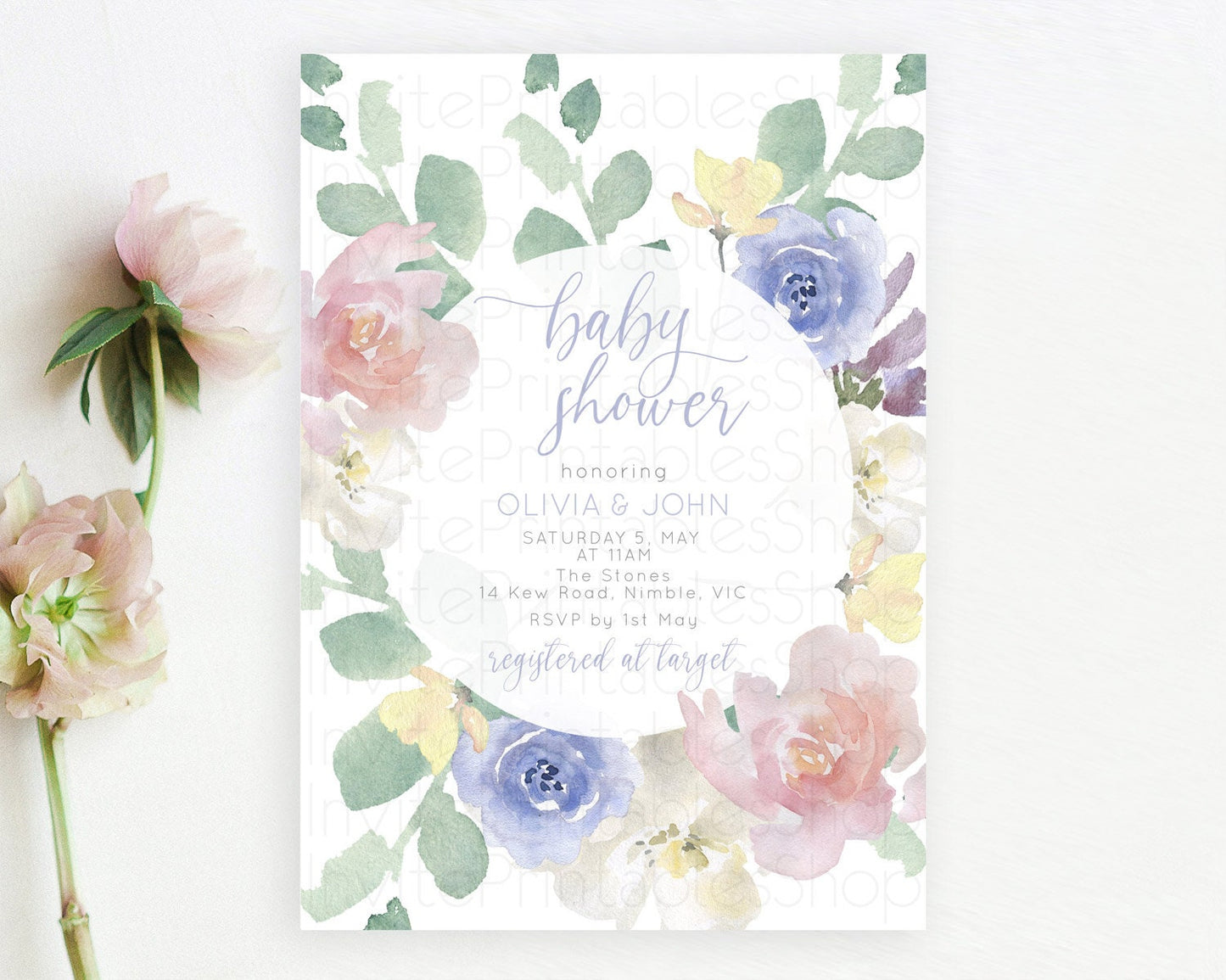 Enchanted Garden Baby Shower Invitation, Wildflower, Blooms, Secret Garden Pastel Pink Blue Flowers, Elegant Floral Botanical Theme D10860