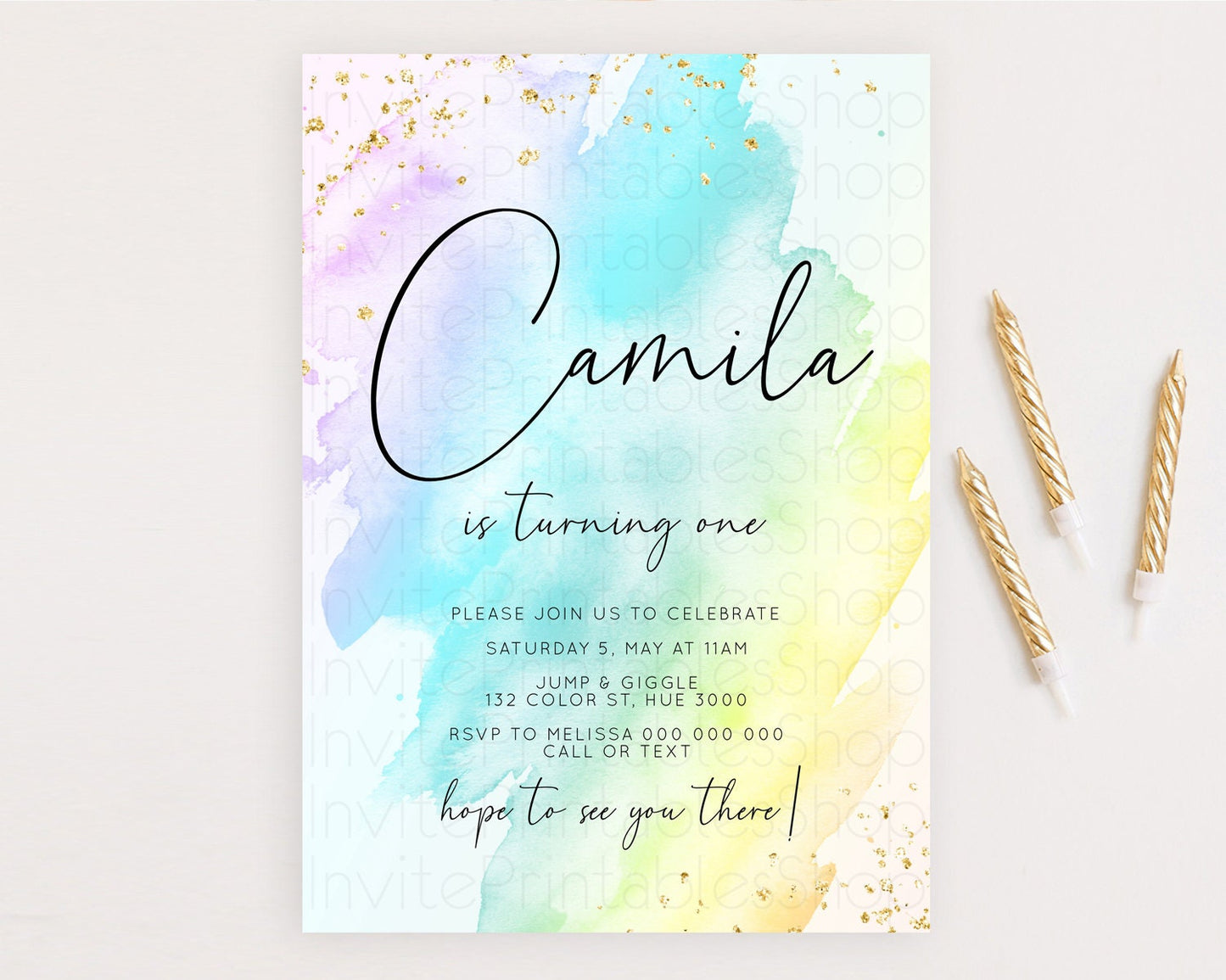 Rainbow Birthday Invitation Colorful Pastel Watercolor Invitation Gold Glitter Sprinkles Ombre Pastel 1st 2nd 3rd Birthday D10773