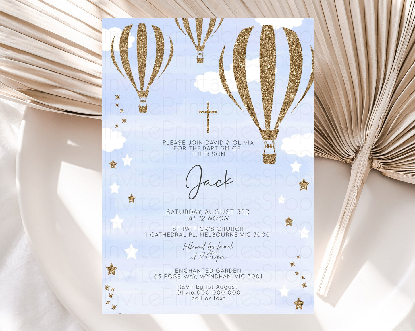 Hot Air Balloon Baptism Invitation Hot Air Balloon Baptism Birthday Invitation Adventure Awaits Up Up Away Glitter Blue Watercolor D10333