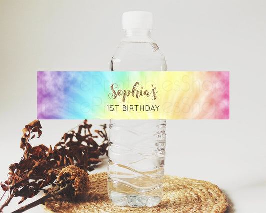 Editable Tie Dye Water Label Template Rainbow Pastel Ombre Watercolor Party