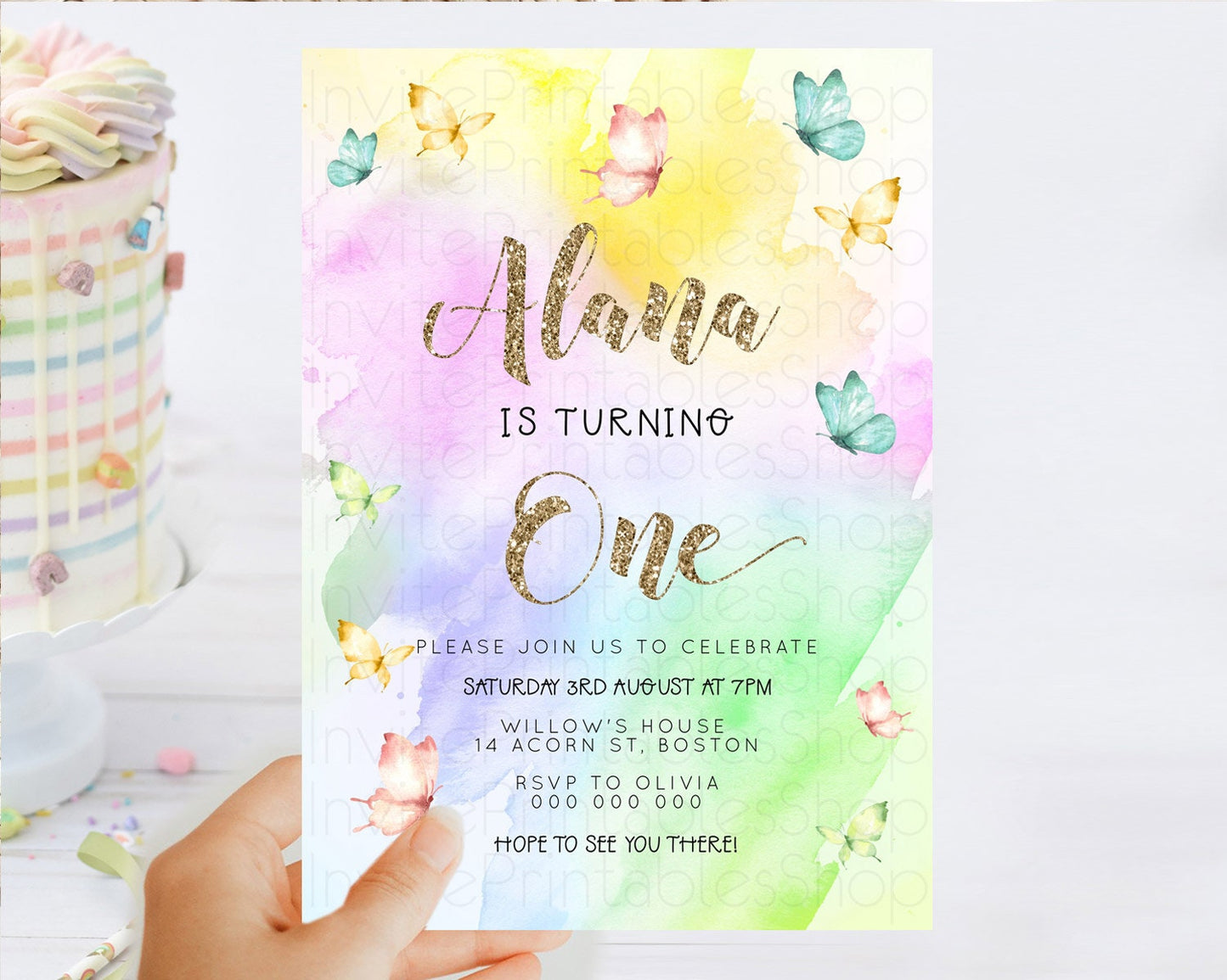 Pastel Butterfly Birthday Invitation Butterfly Birthday Invitation Colorful Splash Glitter Butterfly Garden 1st 2nd Birthday D23258