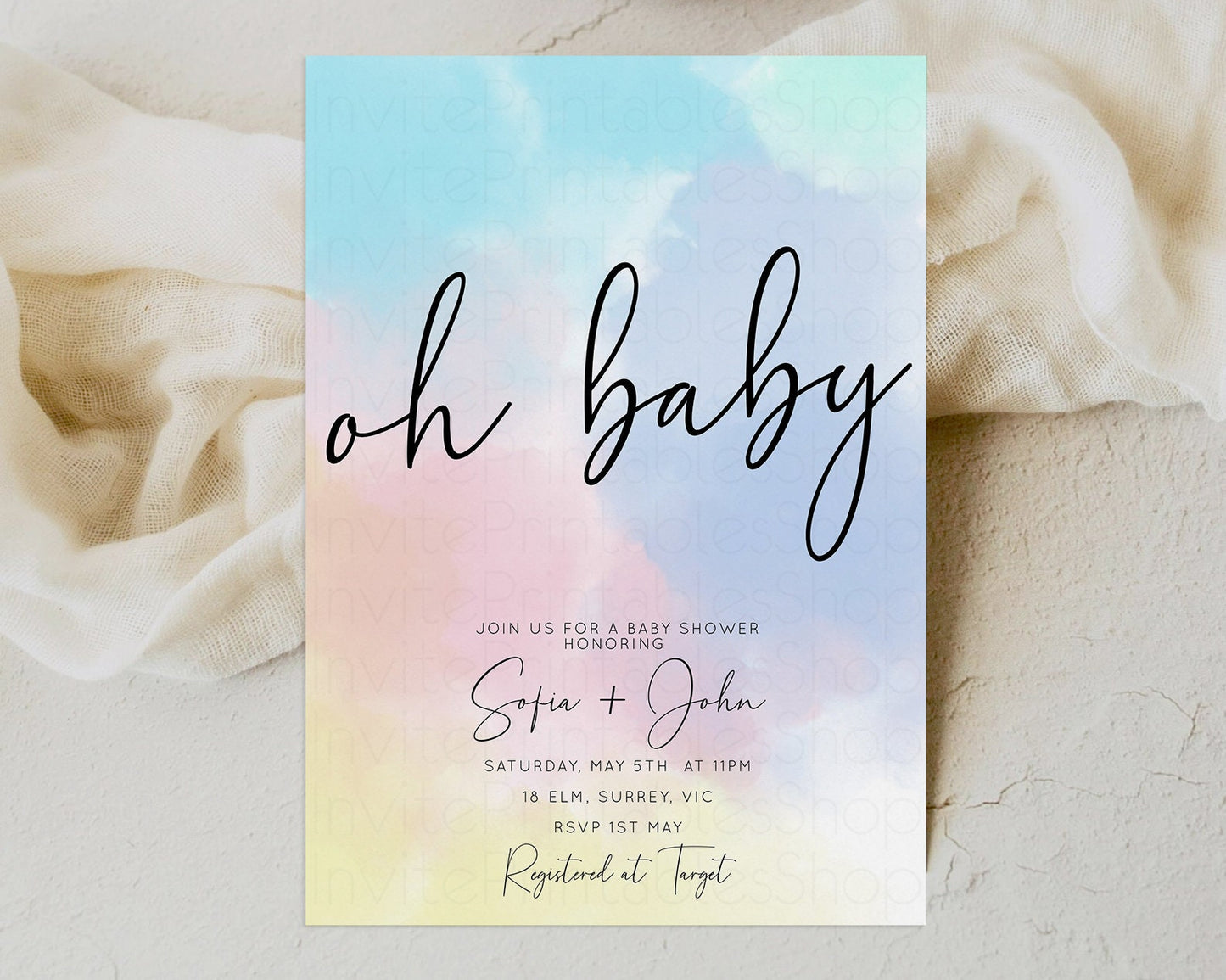 Pastel Rainbow Baby Shower Invitation Colorful Watercolor Invite Ink Splash Blue Yellow Pink Purple Gender Neutral 446