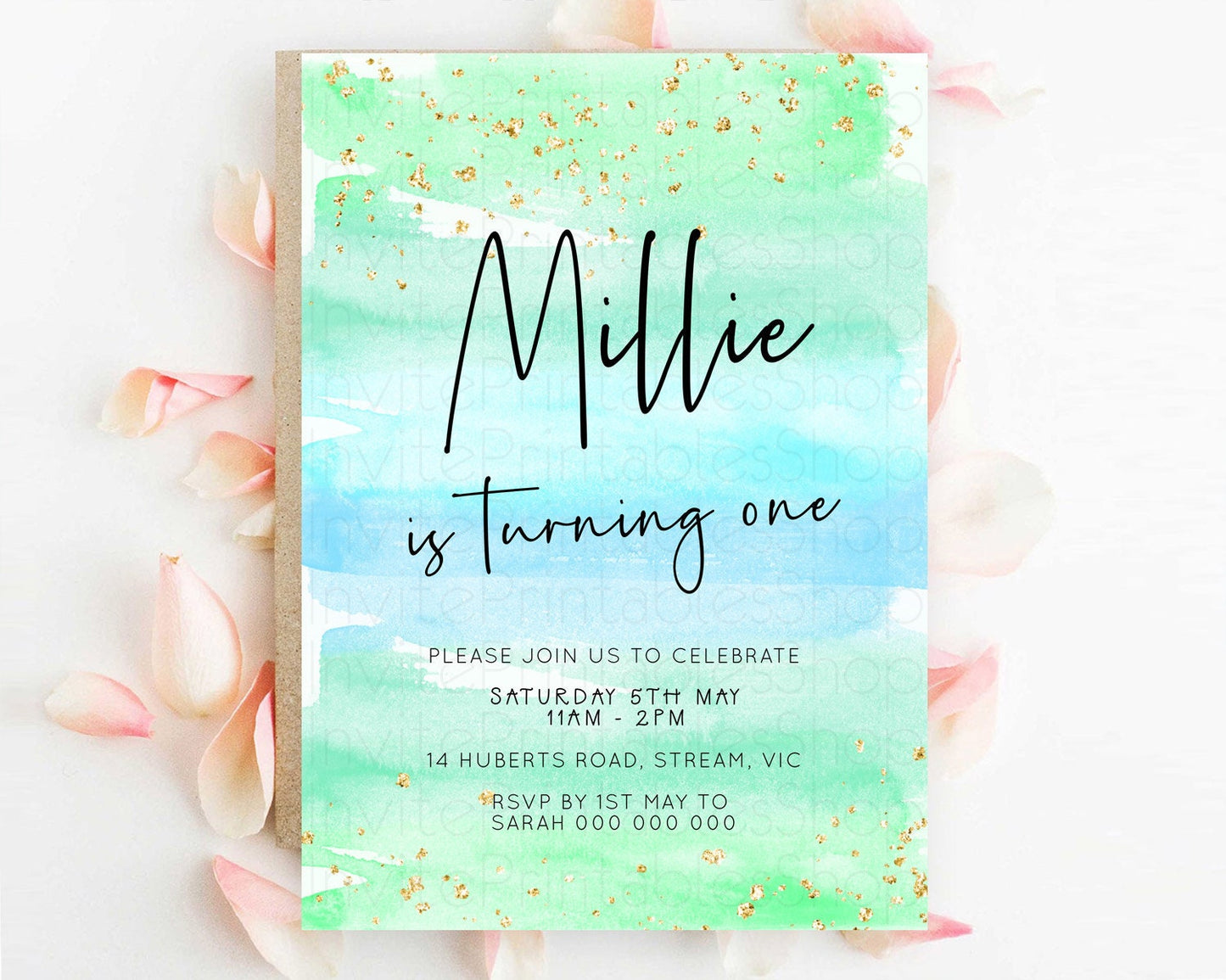 Green Birthday Invitation green Watercolor Invitation Pastel green Watercolor Invitation green Splash Gold Invitation First Birthday D23045