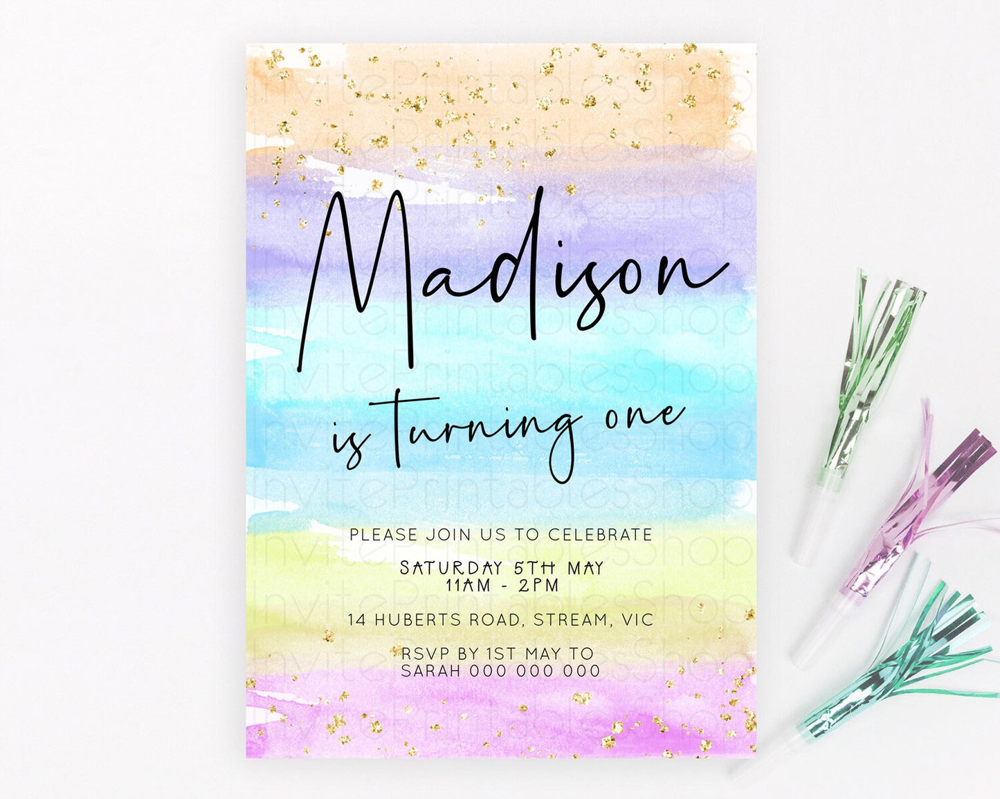 Pastel Birthday Invitation Ombre Watercolor Birthday Invitation Glitter Rainbow Color Splash 1st 2nd 3rd Birthday Invitation D23040