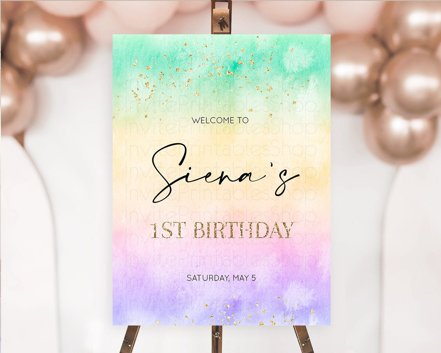 Pastel Welcome Sign Pastel Rainbow Welcome Sign Colorful Rainbow Confetti Watercolor Glitter Pastel First Birthday Welcome Sign D10481