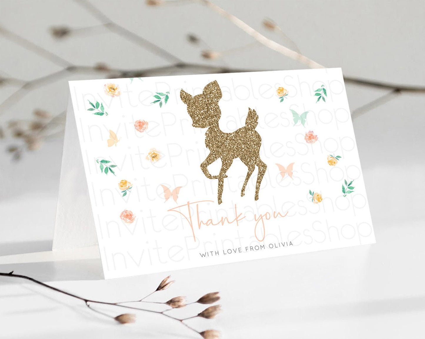 Fawn Thank You Deer Thank You Card Pastel Floral Deer Birthday Thank You Card Enchanted Forest Butterfly Deer Teacher Thank You Card D10355