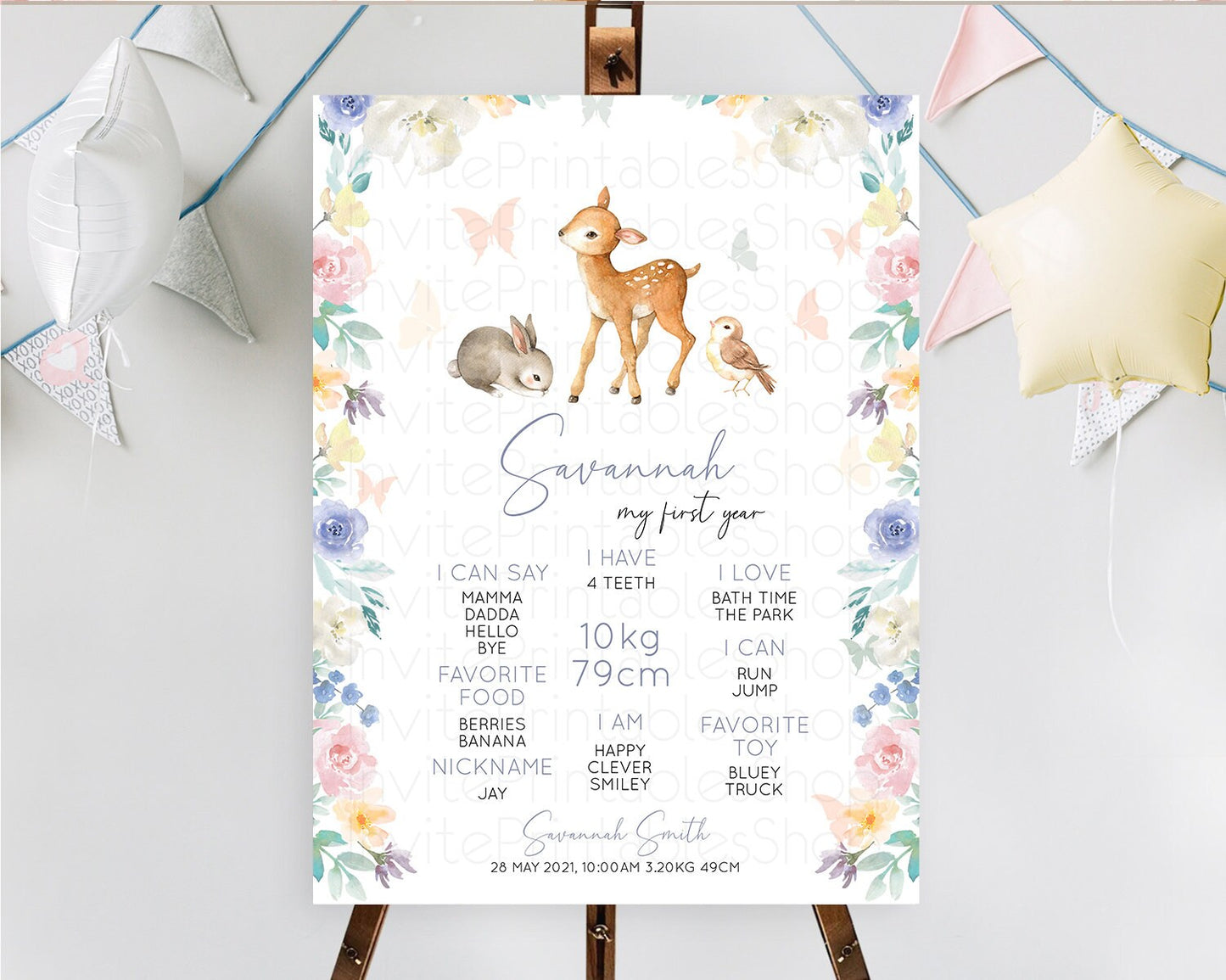 Fawn First Birthday Milestone Board Deer First Birthday Milestone Poster Enchanted Forest Butterfly Pastel Flowers 1st Birthday Sign D10930