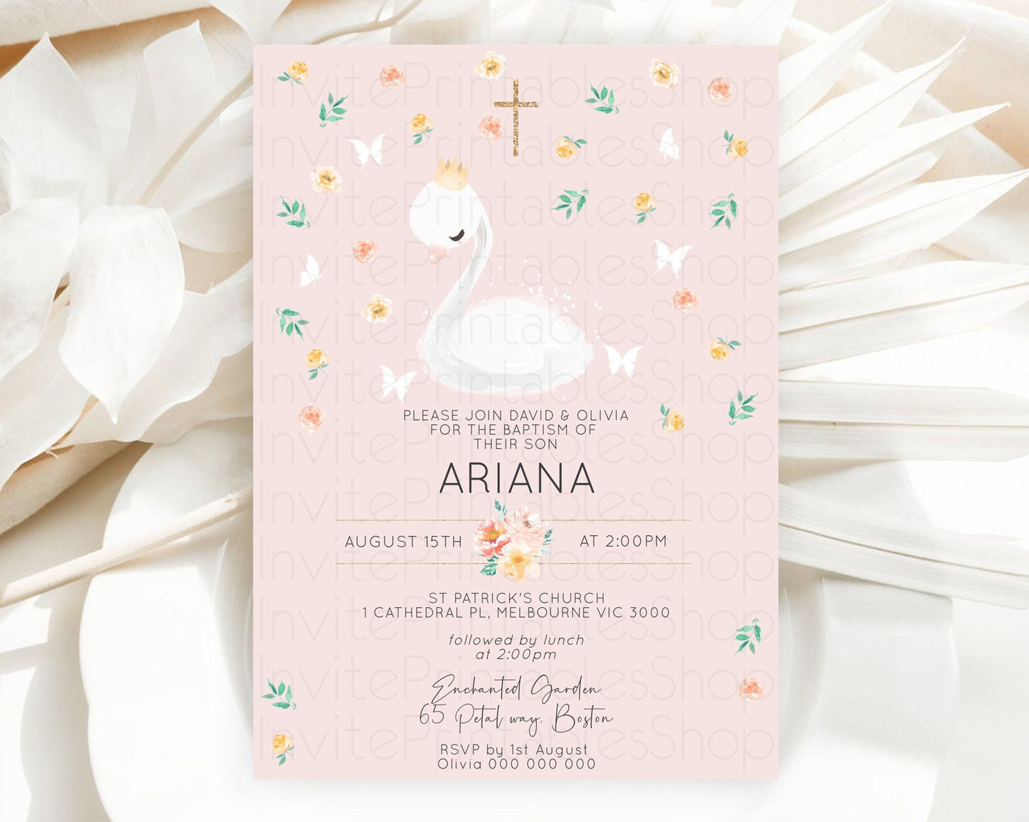 Swan Lake Baptism Invitation Swan Princess Ballet Baptism 1st Birthday Enchanted Forest Secret Garden Watercolour Pastel Floral D10388