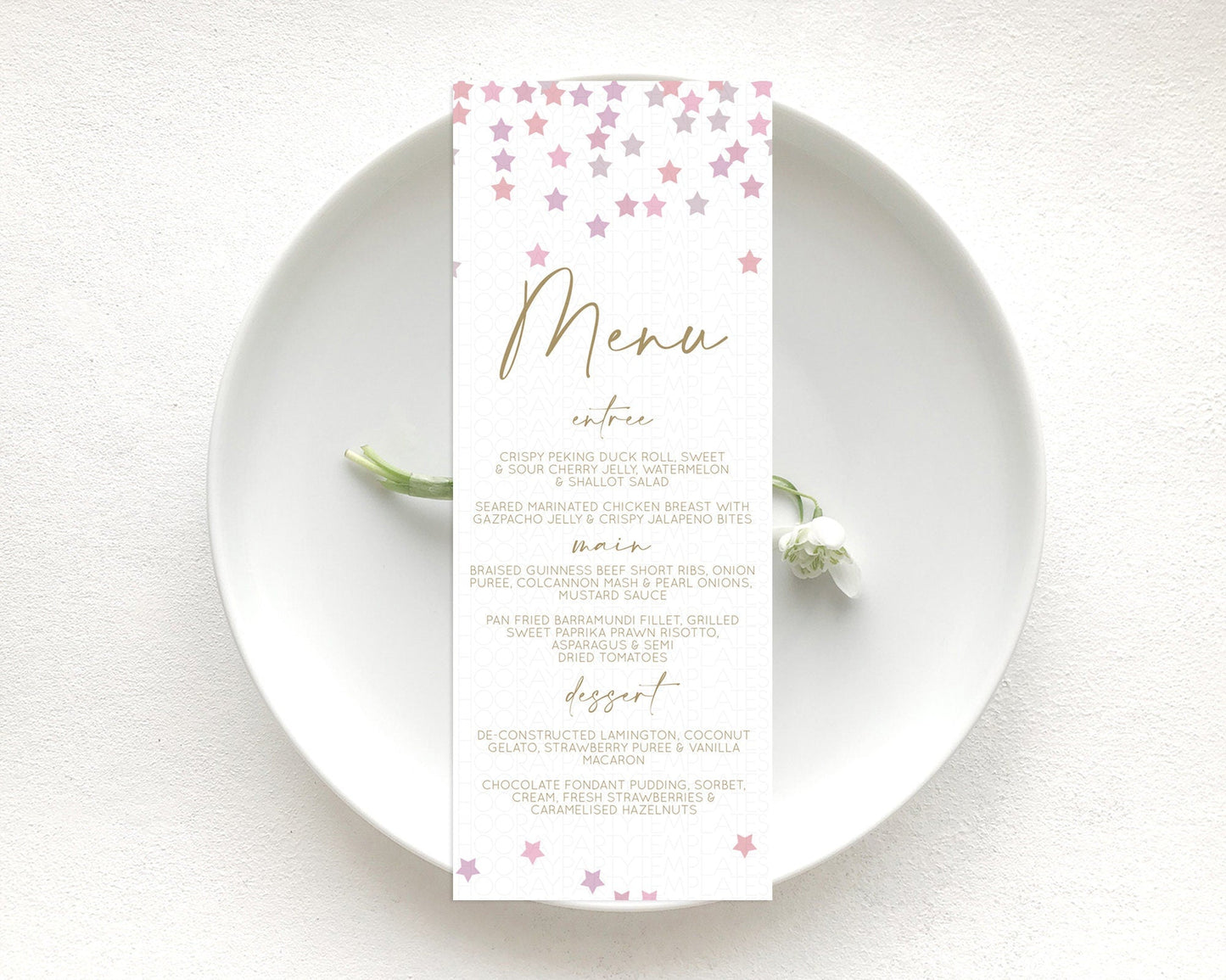 Star Menu Template Pastel Stars Menu Shooting Star Twinkle Little Star Decor Rainbow Colorful Confetti Dinner Dessert Food Menu D10344