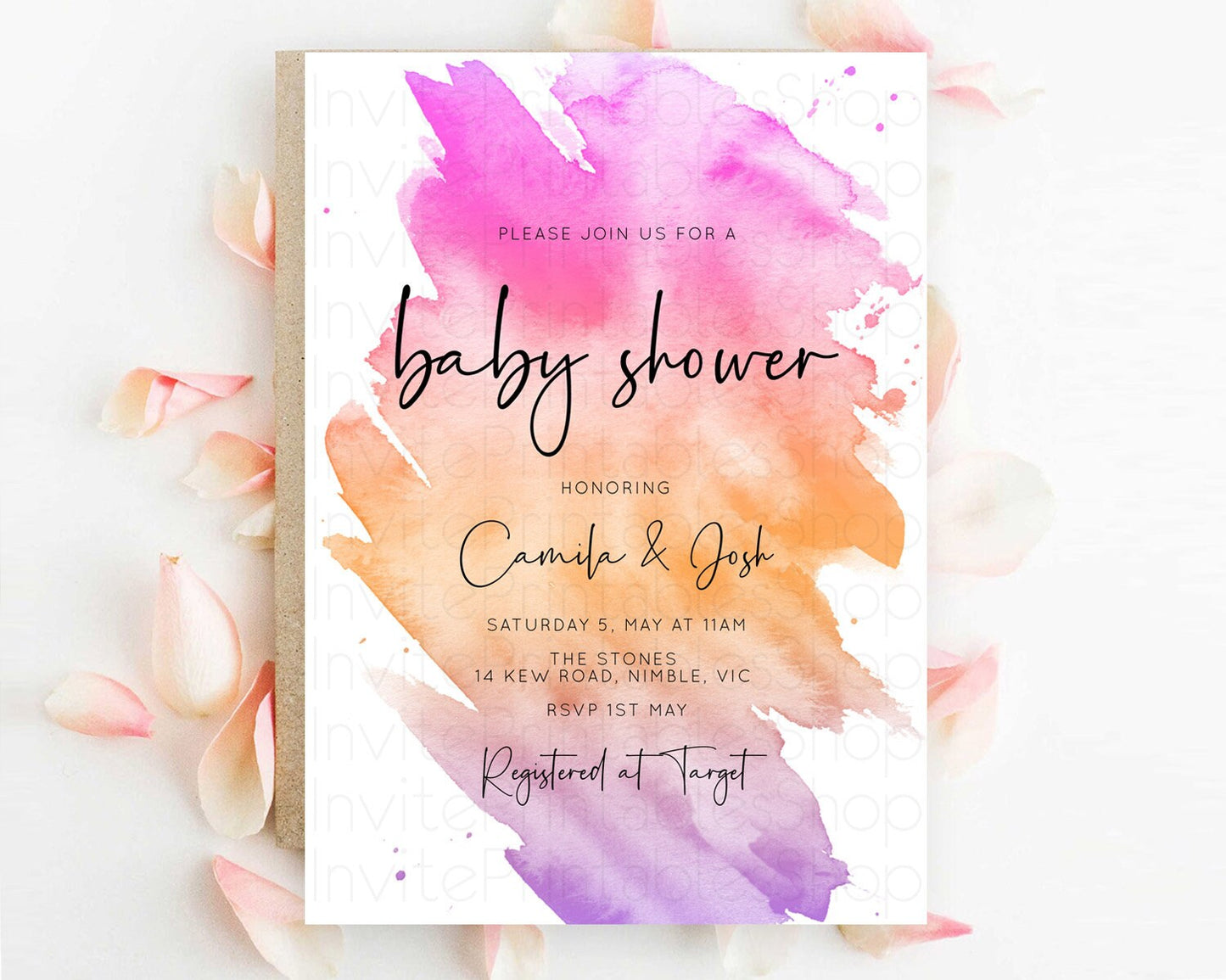 Pastel Baby Shower Invitation Rainbow Baby Shower Invitation Colorful Pastel Watercolor Invitation Gold Glitter Sprinkles Ombre D10488