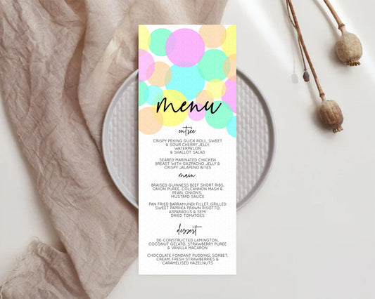 Rainbow Menu Pastel Menu Template Pastel Rainbow Table Decor Confetti Colorful Pastel Menu Confetti Menu Dinner Plate Party Decor D10410