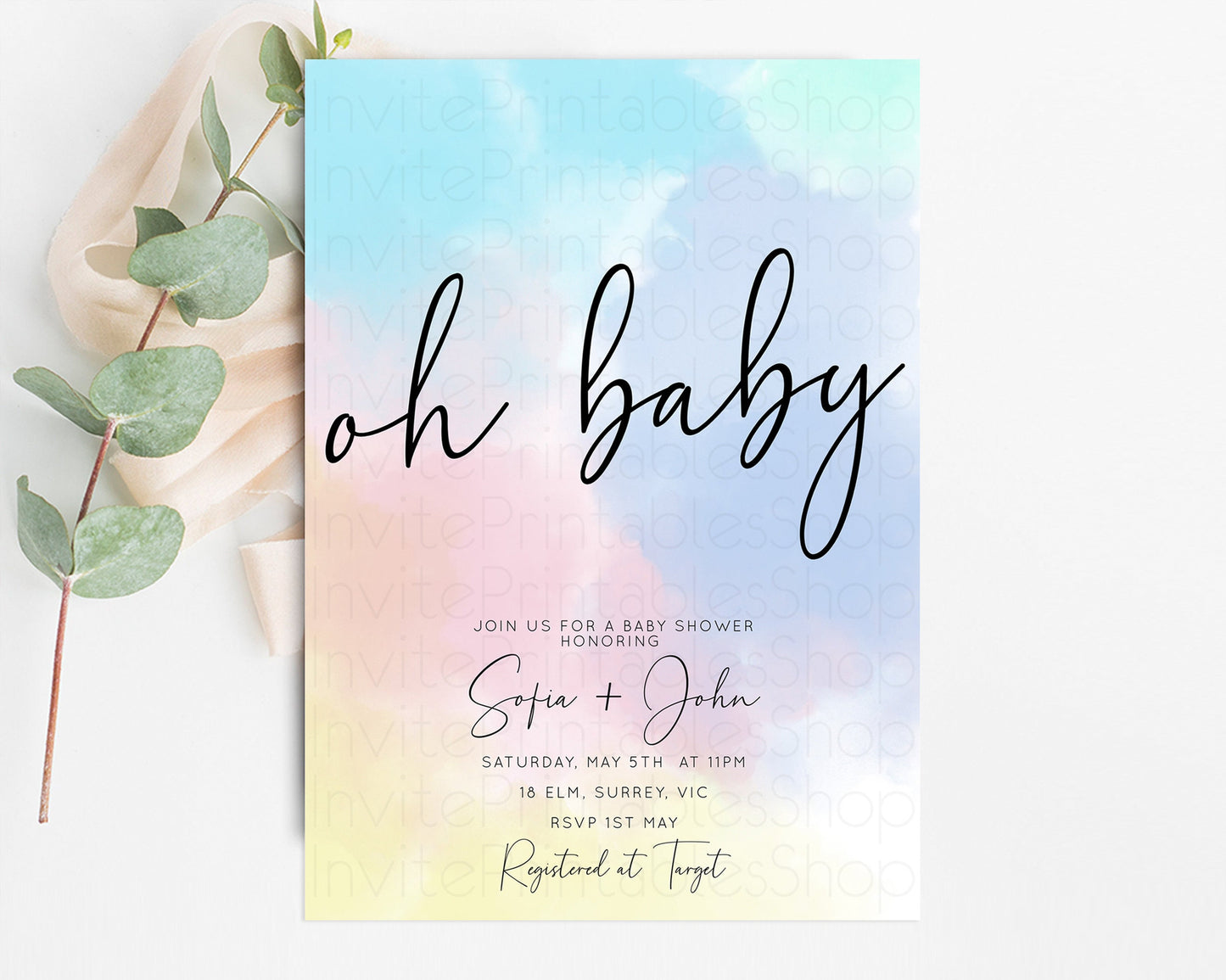 Pastel Rainbow Baby Shower Invitation Colorful Watercolor Invite Ink Splash Blue Yellow Pink Purple Gender Neutral 446