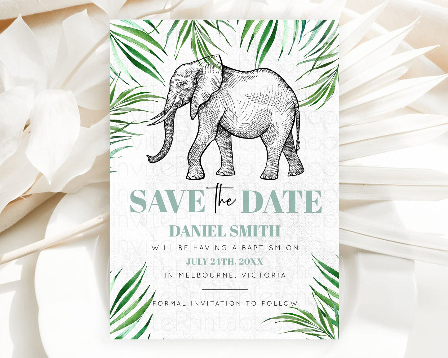 Elephant Save The Date Template Elephant Safari Adventure Party Dried Palm Fern Zoo 1st Birthday Baptism Baby Shower Bridal Shower D10850