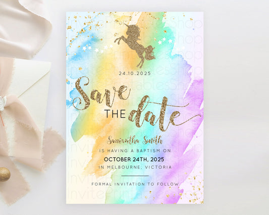 Unicorn Rainbow Save The Date Template Pastel Unicorn Party Magical Pastel Ombre Watercolor Unicorn 1st Birthday Baptism Baby Shower D10428