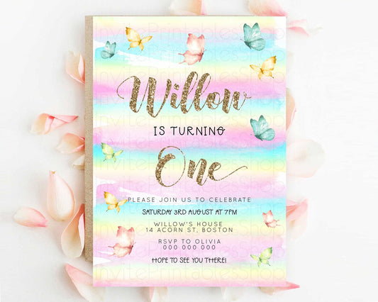 Pastel Butterfly Birthday Invitation Butterfly Birthday Invitation Colorful Splash Glitter Butterfly Garden 1st 2nd Birthday D23218