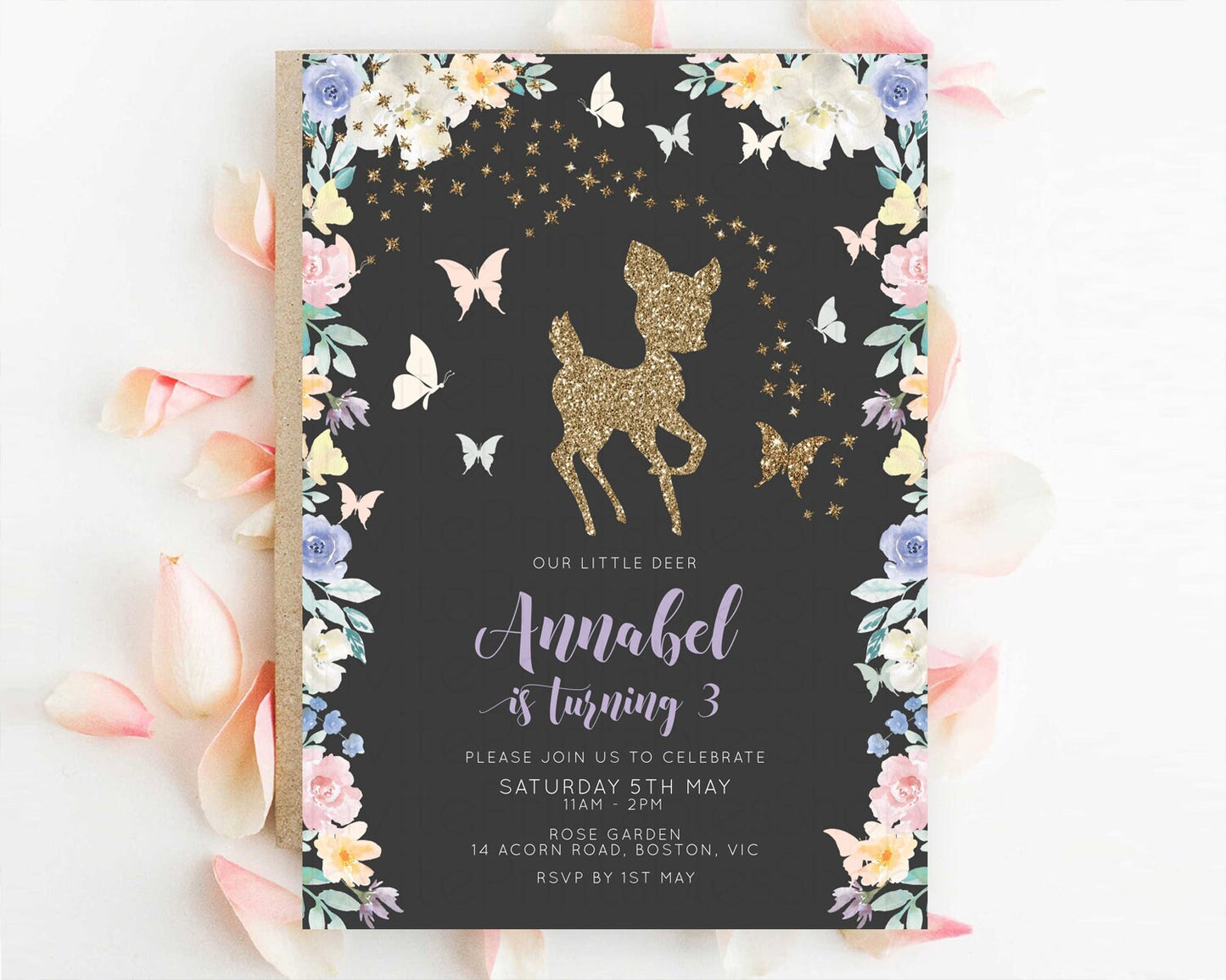 Fawn Birthday Invitation Deer Birthday Invitation Enchanted Forest Party Butterfly Pastel Flowers Whimsical 2nd 1st First Birthday D10880