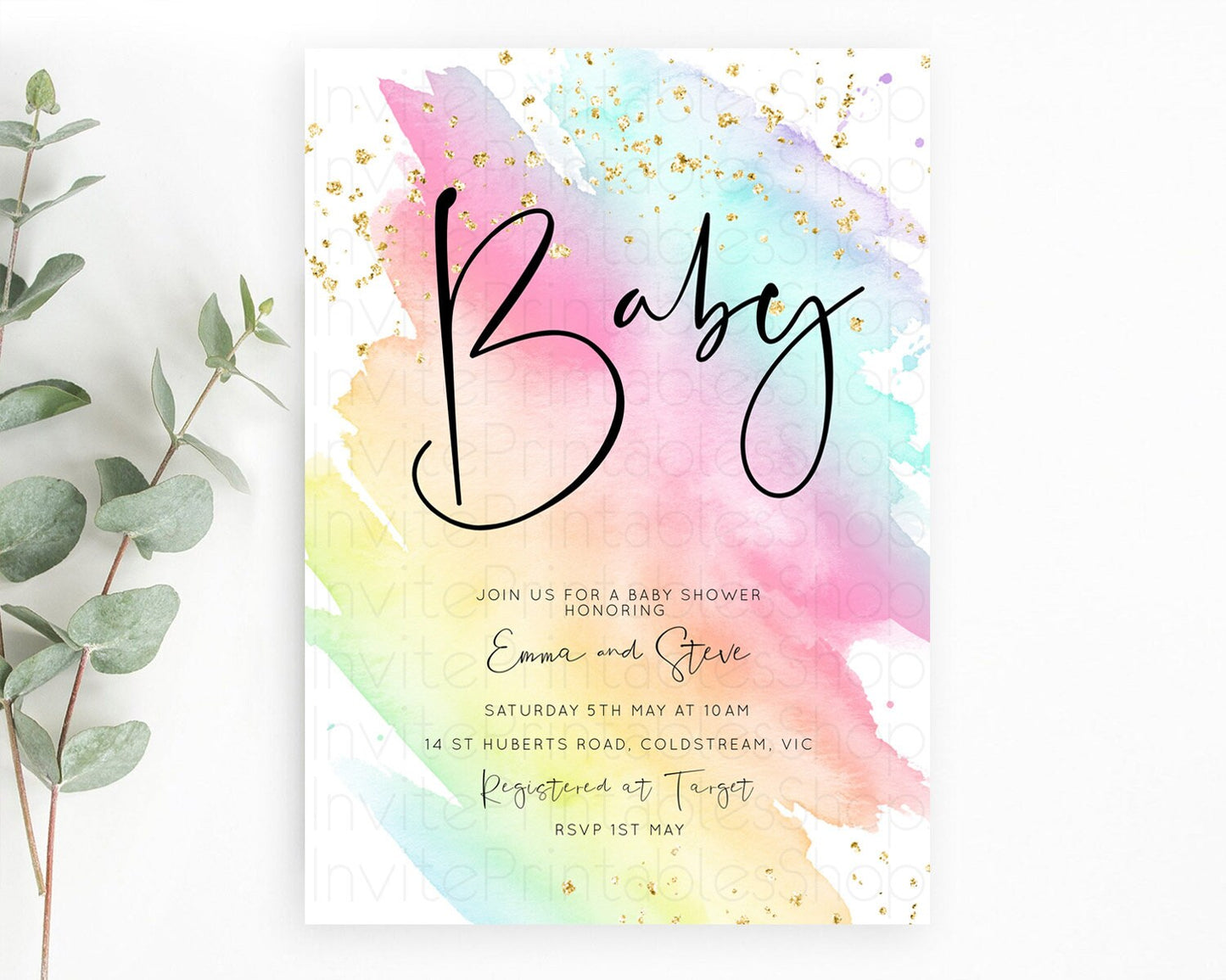 Pastel Baby Shower Invitation Rainbow Baby Shower Invitation Pastel Color Watercolor Invitation Pink Blue Yellow Gold Sprinkles Ombre D10495