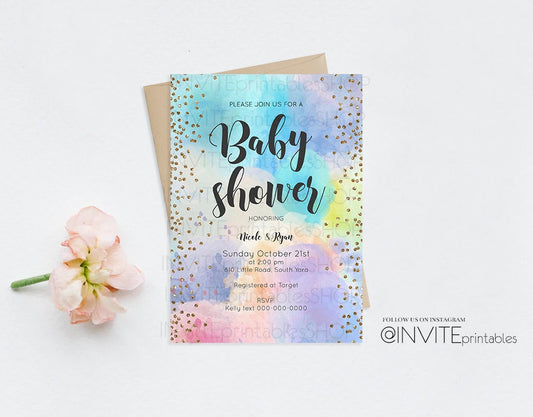 Baby Shower Invitations, Baby Shower Invites, Rainbow Baby Shower Invites, Pastel Baby Shower Invite, Pastel, Watercolor, Gold, Foil Invites