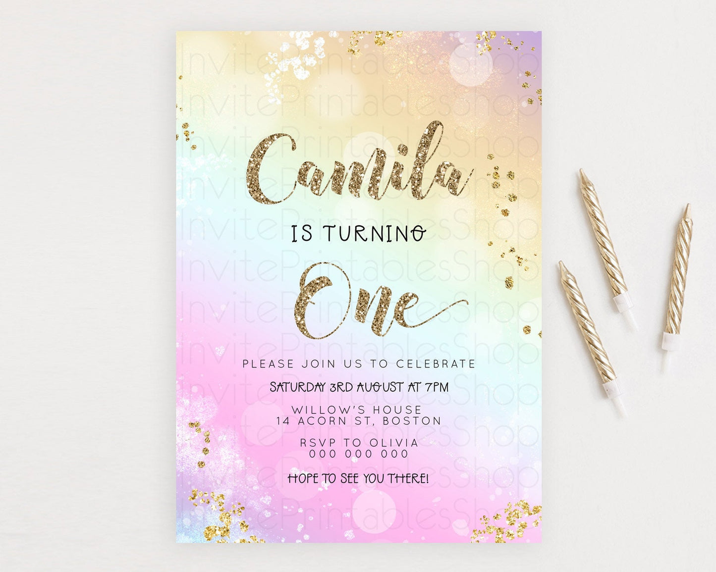 Rainbow Birthday Invitation Colorful Pastel Watercolor Invitation Gold Glitter Sprinkles Ombre Pastel 1st 2nd 3rd Birthday D23120