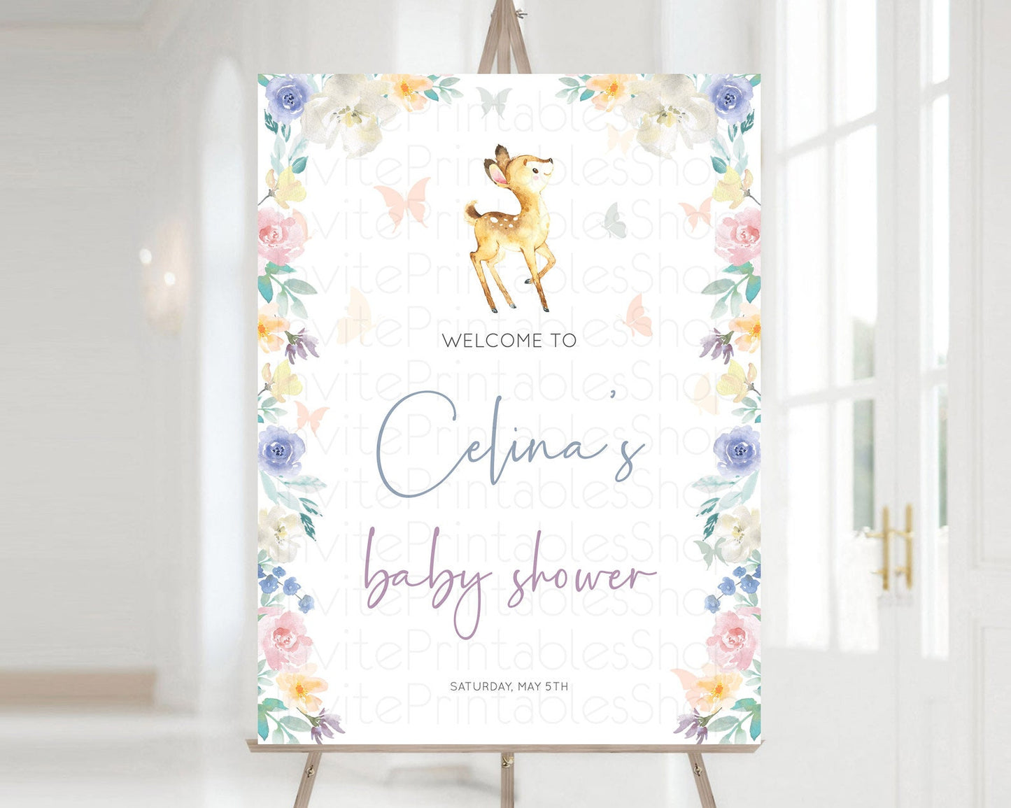 Fawn Baby Shower Welcome Sign Deer Welcome Board Floral Deer Welcome Poster Enchanted Forest Butterfly Pastel Floral Welcome Sign D11035