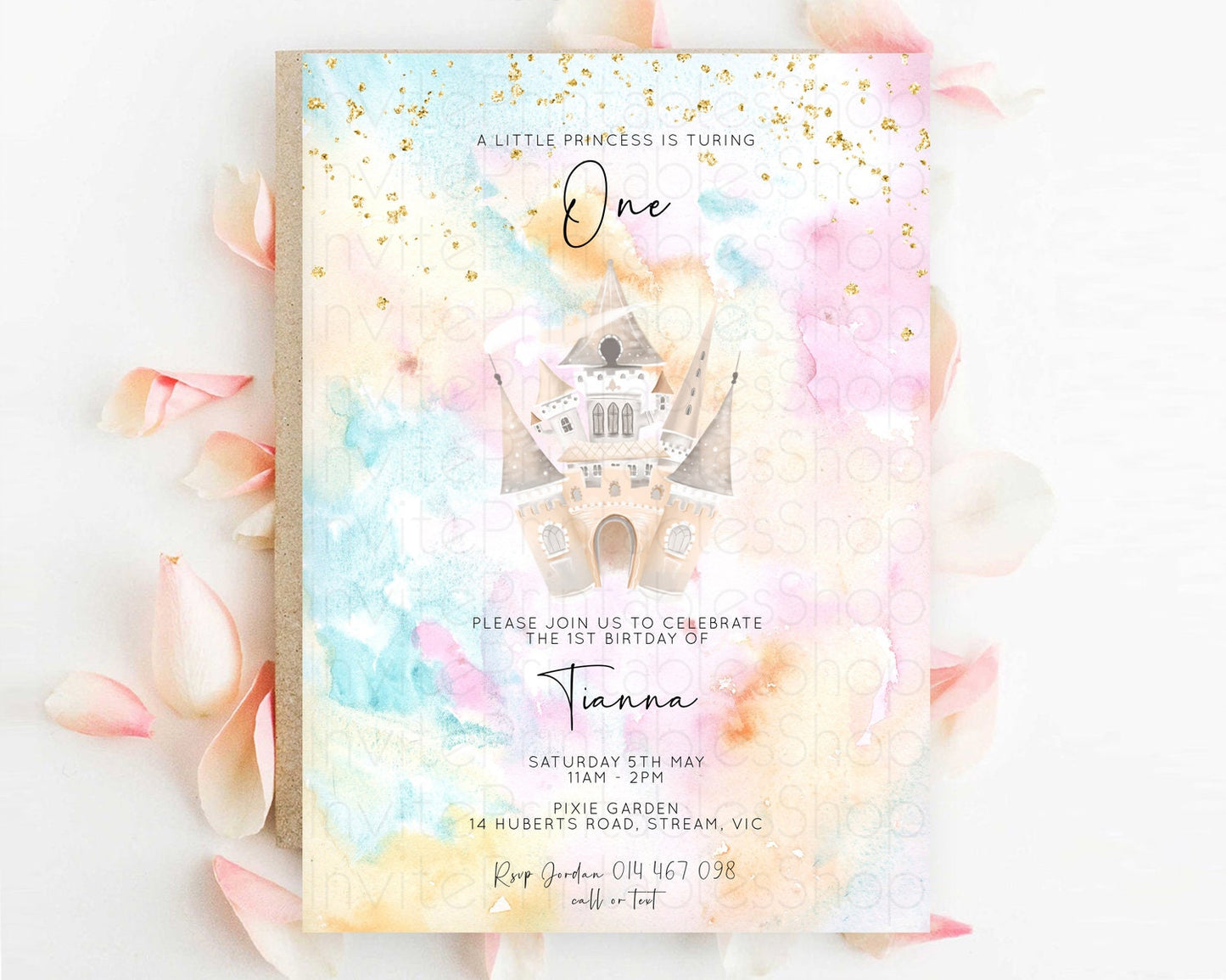 Princess Birthday Invitation Princess Invitation Pastel Invitation Royal Birthday Rainbow Color Enchanted Castle 1st First Birthday D11029