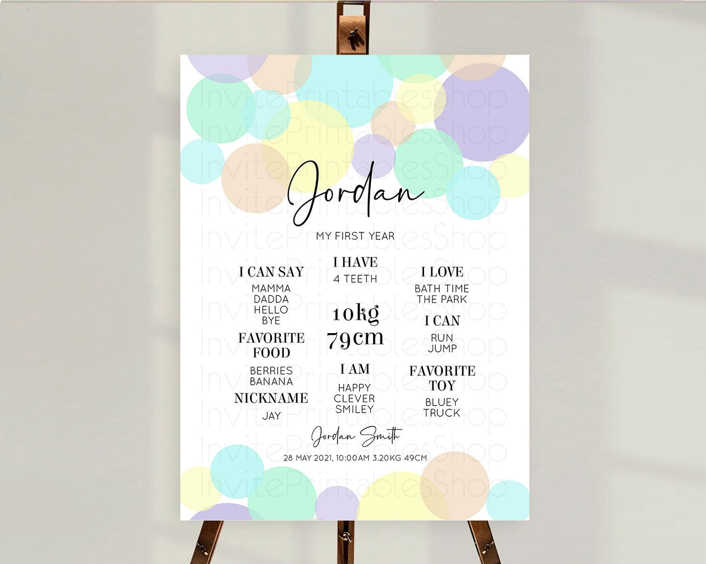 Pastel First Birthday Milestone Poster Pastel Rainbow Confetti First Birthday Milestone Board Colorful Bubbles Birthday Welcome Sign D10414