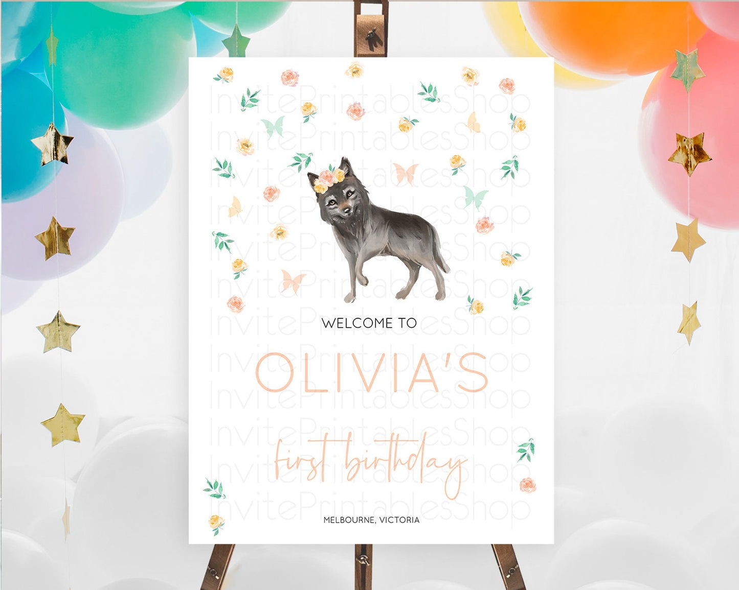 Wolf Welcome Sign Wolf Welcome Board Pastel Floral Wolf Welcome Poster Forest Wolf Party Decor Wolf First Birthday Welcome Sign D10362