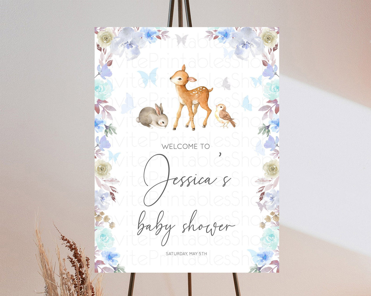 Fawn Baby Shower Welcome Sign Deer Welcome Board Floral Deer Welcome Poster Enchanted Forest Butterfly Pastel Floral Welcome Sign D10929