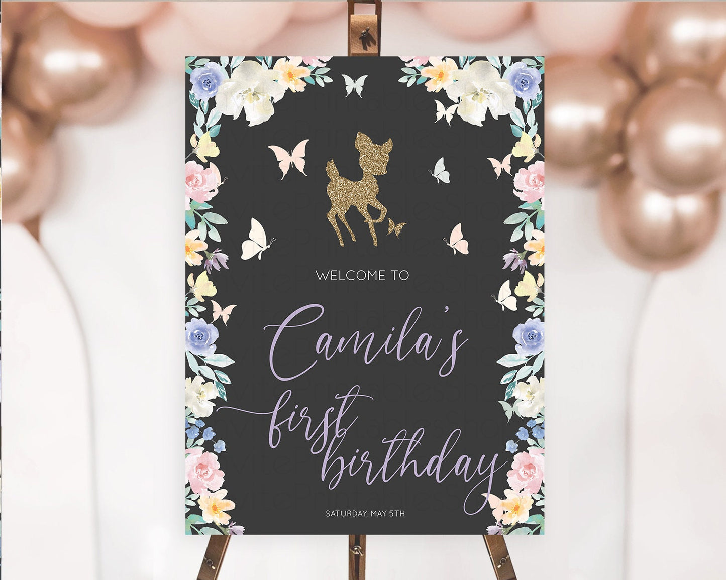 Fawn Welcome Sign Deer Welcome Board Floral Deer Welcome Poster Enchanted Forest Butterfly Pastel Floral First Birthday Welcome Sign D10323