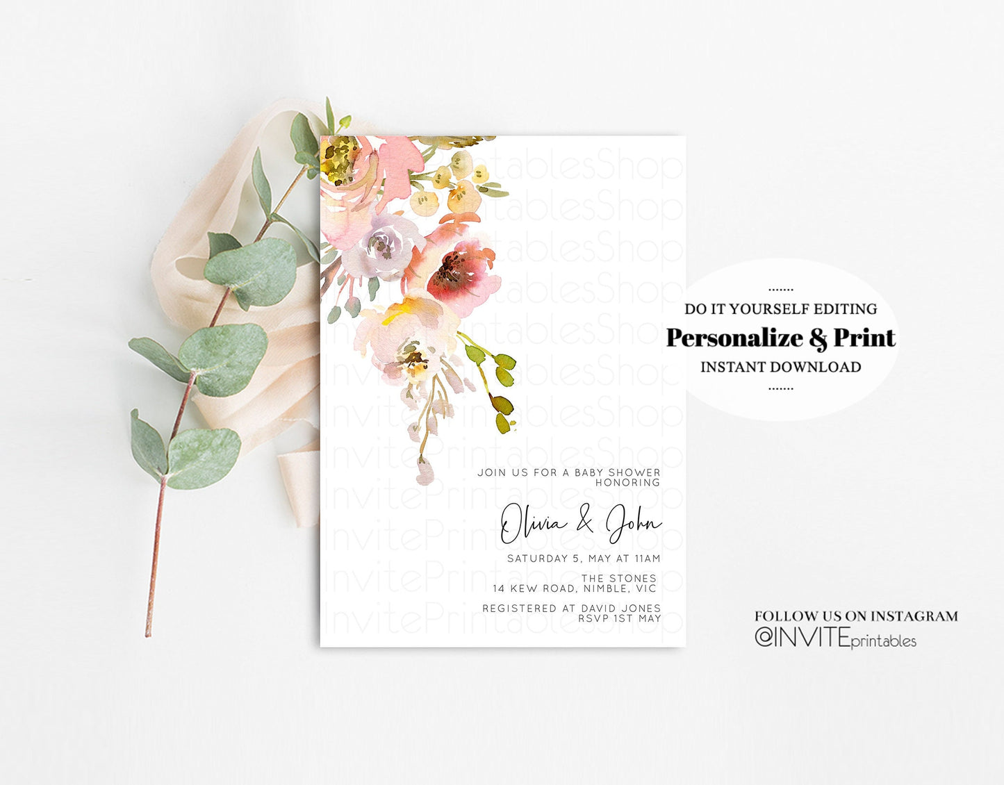 Floral Baby Shower Invitation Secret Garden Whimsical Leaf Watercolor Colorful Dusty Pink Orange Yellow Spring Boho Flowers Editable Invite