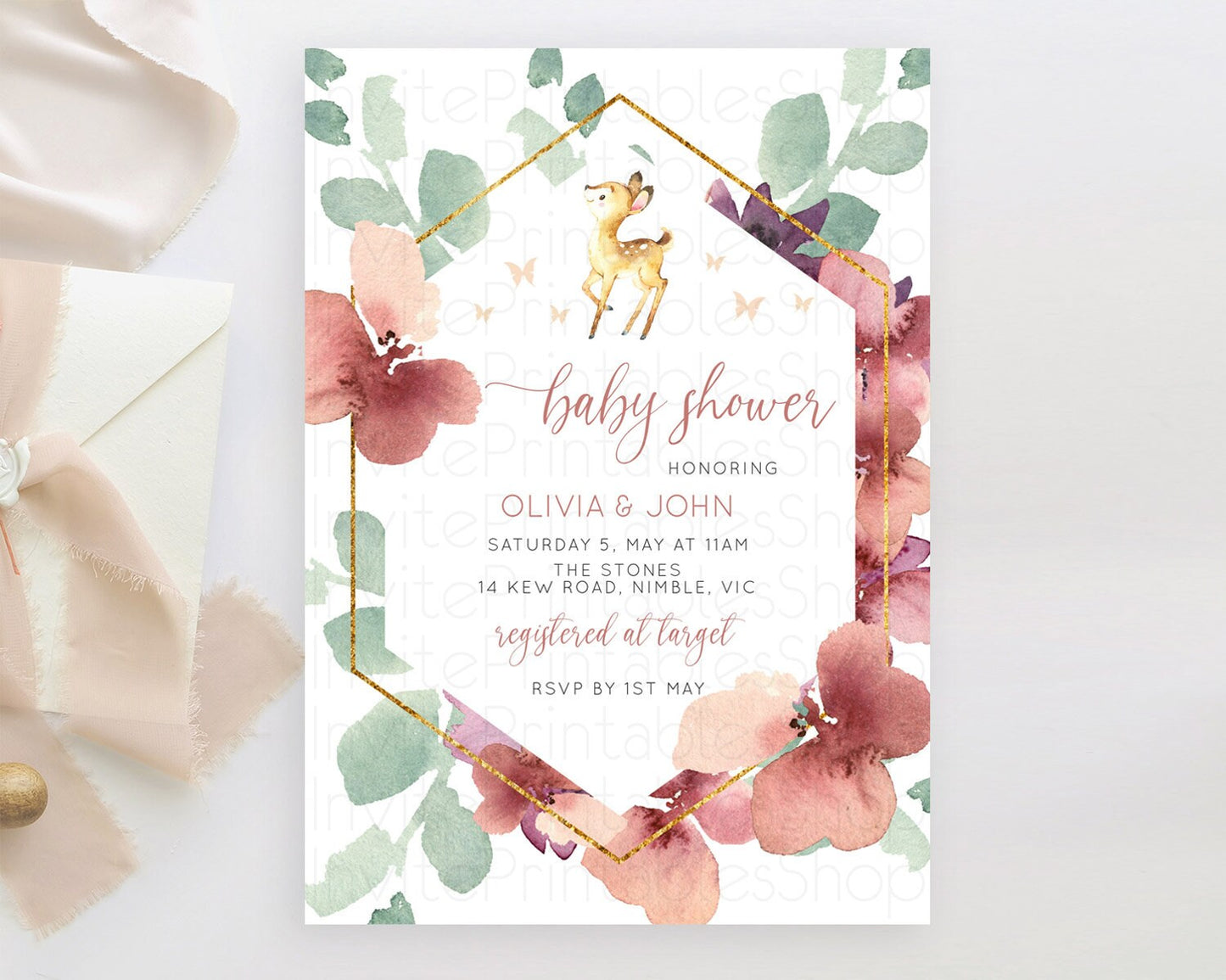 Enchanted Forest Baby Shower Invitation: Burgundy Pastel Flowers, Fawn, Deer, Butterfly, Floral Ideal for Whimsical Fall Celebration D10915