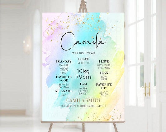 Pastel First Birthday Milestone Board Pastel Rainbow Milestone Poster Watercolor Glitter One Year Poster Colorful Splash Baby 1st Year 146