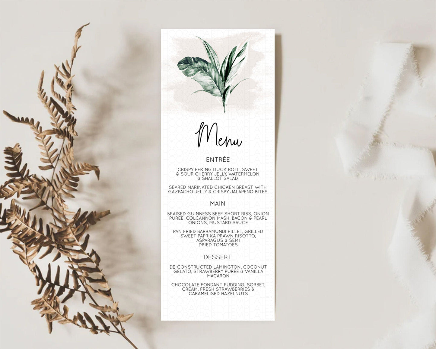 Tropical Menu Template Tropical Menu Palm Leaf Fern Table Decor Frangipani Floral White Orchid Dinner Dessert Menu Party Food Menu D11051